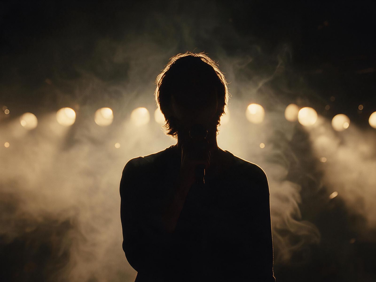 Music video still: a singer backlit by stage lights and haze